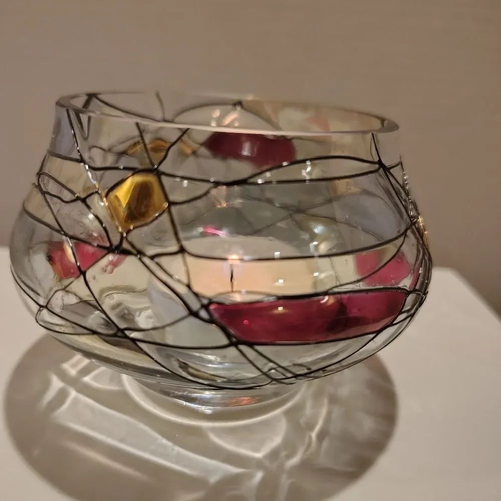 Elegant Glass Art Tealight Holder with Gold and Pink Accents. Y1